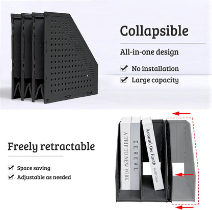 SAYEEC 2Pcs Collapsible Plastic Magazine File Holder Vertical Binder Storage Organizer for Desk Sturdy Upright Desktop Magazine Organizer Folder Rack for Office School Home (3 Compartments, Black)