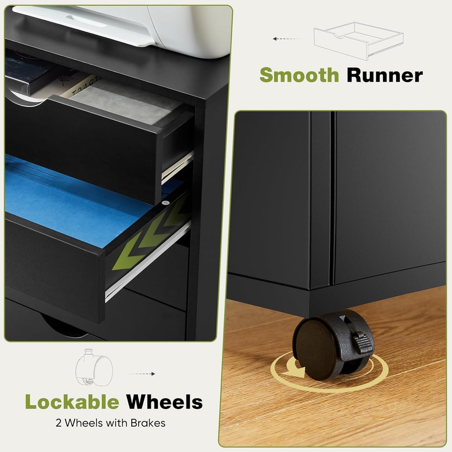 5 Drawer Mobile File Cabinet Under Desk Storage Organization with Wheels Vertical Filing Chest Rolling Wood Small Desk Printer Stand for Home Office, White
