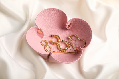Cute Flower Shaped Leather Valet Tray,Premium Catchall Tray, Jewelry Tray 5.5'' Folding Portable Travel Oganizer,Decorative Desk Organizer For Key,Wallet,Watch,Coin,Jewelry (Baby Pink)