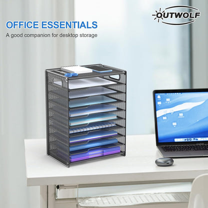 OUTWOLF 10 Tier Paper Organizer - Letter Tray Mesh Desk File Organizer with Handles for Office School Desktop, Black