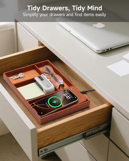 Valet Tray, Built in Wireless Charging Pad, Nightstand Organizer, Dresser Organizer, Mens Jewelry Box, Valet Charging Station, Faux Leather Valet Tray for Men and Women, (Black)