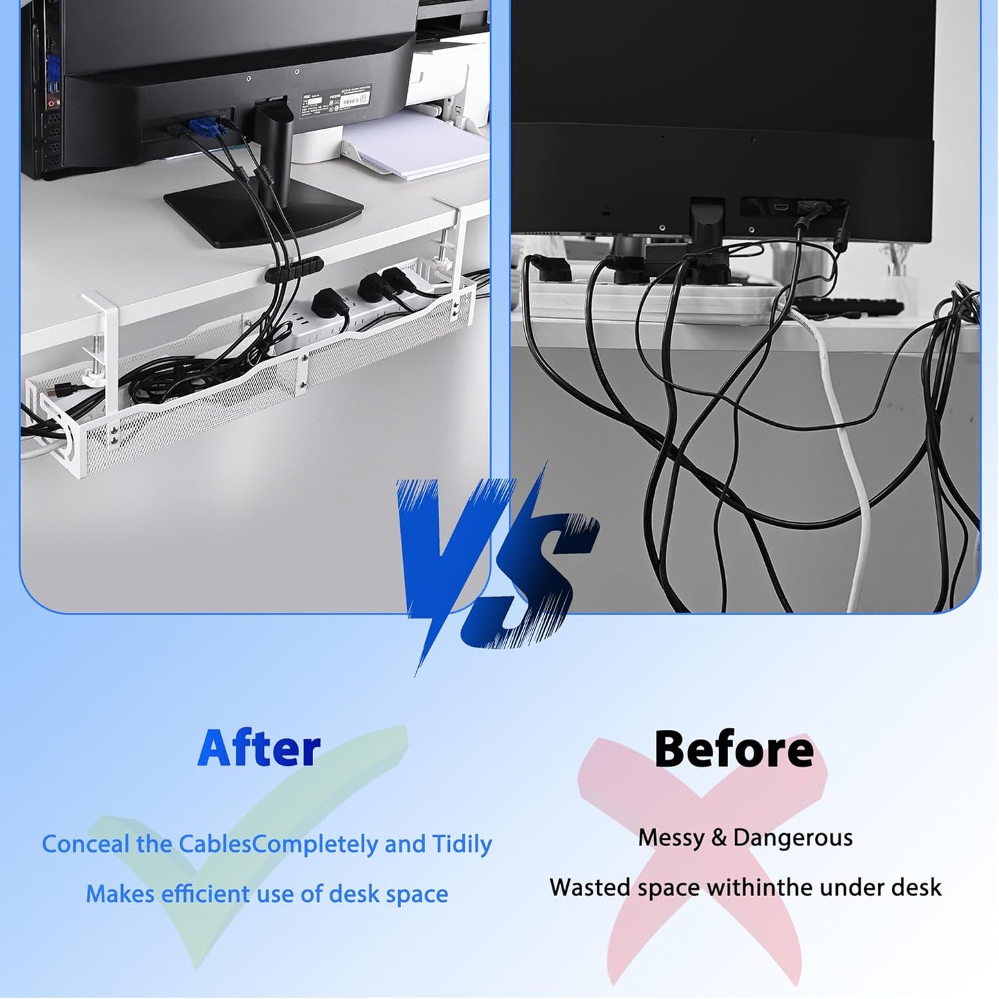 Under Desk Cable Management Box 25.3 Inch – Clamp-Mounted Cable Organizer Tray, Large Cord Management Box for Office & Home, Wire Organizer Under Desk Storage, White