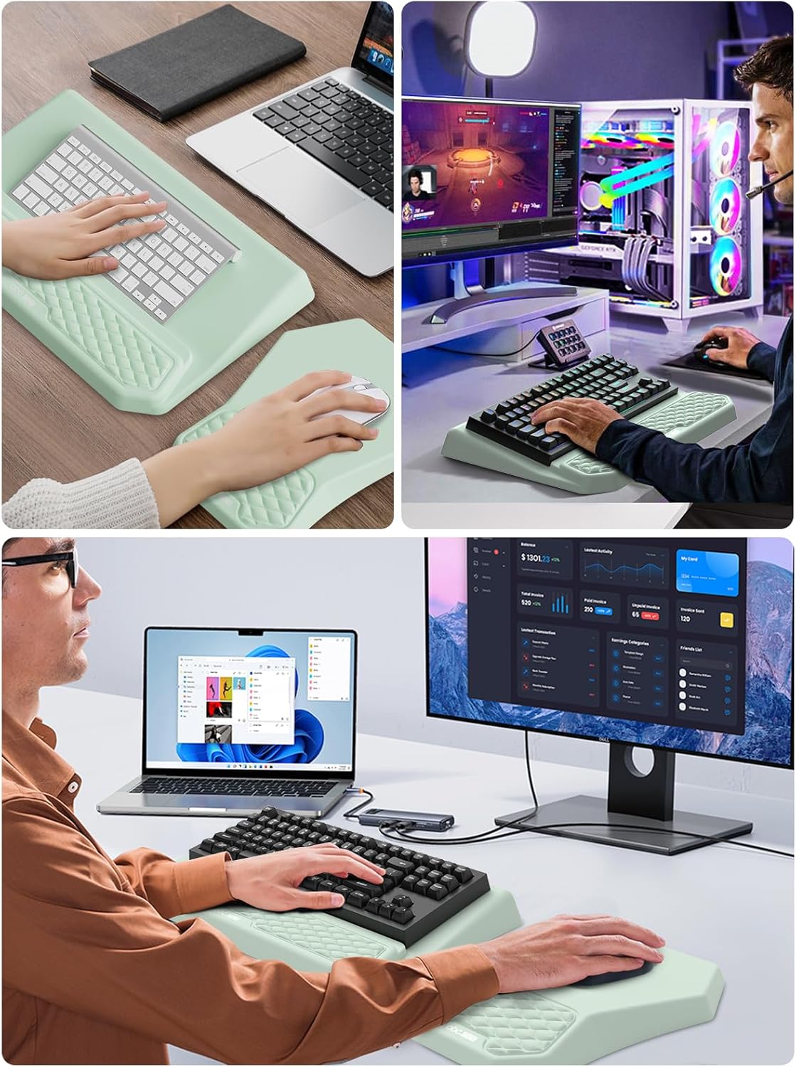 3-in-1 Ergonomic Keyboard Stand with Wrist Rest & Mouse Pad Set, Comfy Keyboard Riser Holder Soft Mousepad with Massage Design, Memory Foam and Non-Slip PU Base for Pain Relief, Black
