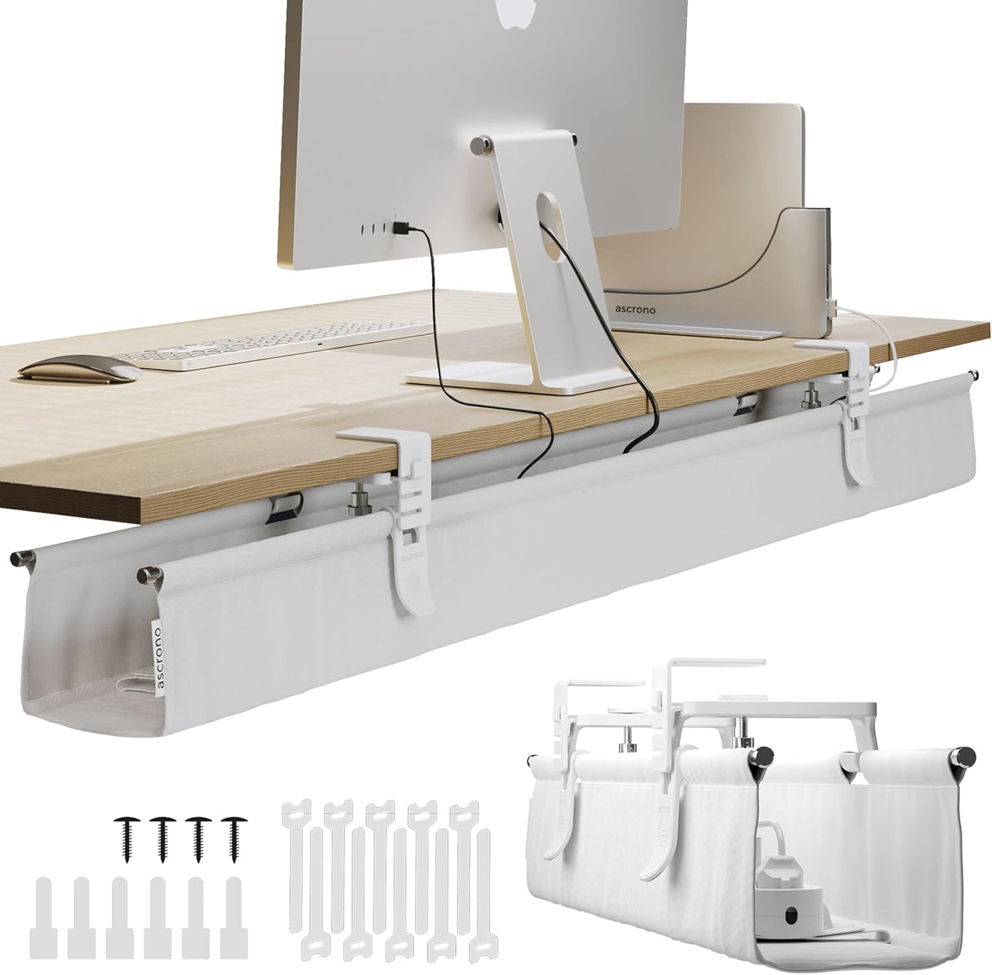 Ascrono Original No Drill Under Desk Cable Management Tray 27.3" - Premium White Fabric Cable Management Under Desk - Clamp/Screw Mount Cord Organizer - Supports Upto 66lbs