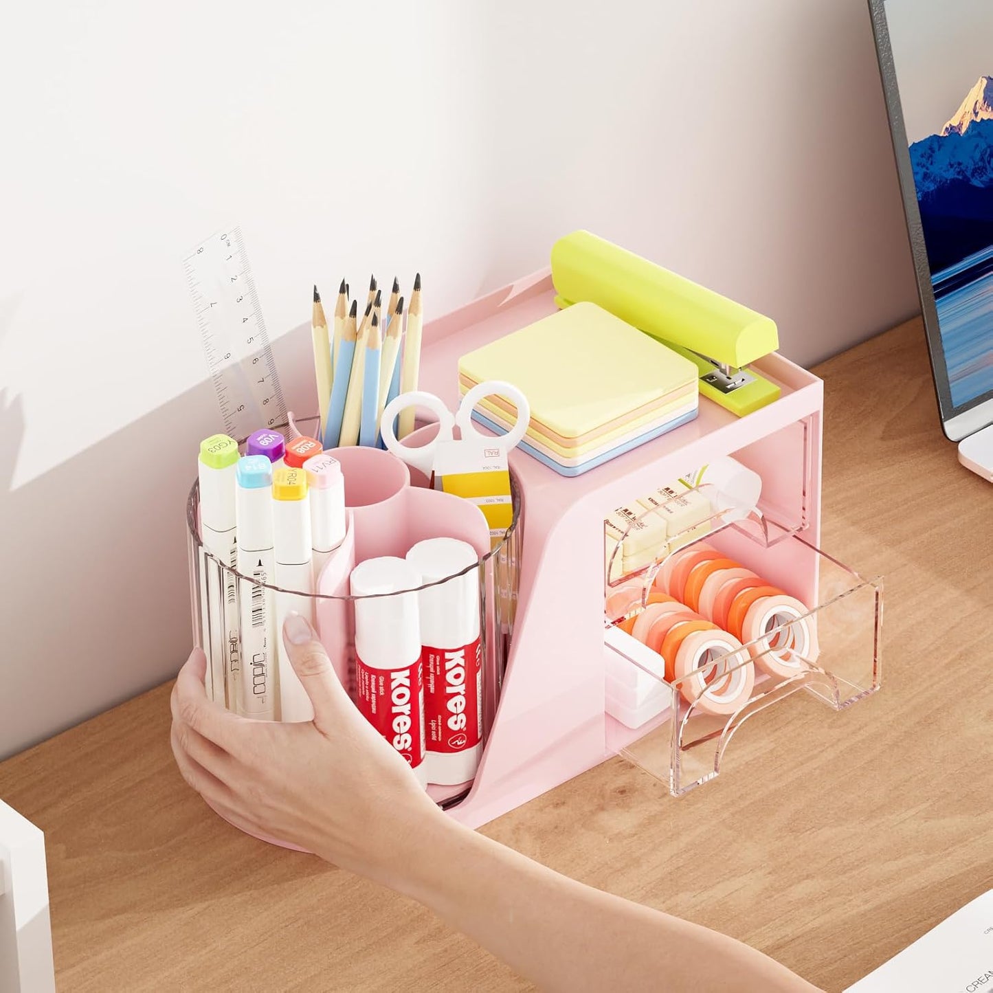 Marbrasse Desk Organizer with 2 Drawer, 360°Rotating Pen Holder, Desk Organizers and Accessories with 6 Slots Pencil Organizer + 2 Drawer, Art Supply Storage Box Caddy for Office (White)