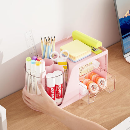 Marbrasse Desk Organizer with 2 Drawer, 360°Rotating Pen Holder, Desk Organizers and Accessories with 6 Slots Pencil Organizer + 2 Drawer, Art Supply Storage Box Caddy for Office (White)