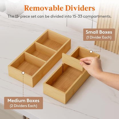 Lifewit Drawer Organizers 5 Pack(11 Grid) with 6 Inserts, Adjustable Bamboo Wooden Drawer Dividers, Stackable Storage Box for Utensils, Silverware, Makeup, Junk in Kitchen/Bathroom/Office/Vanity
