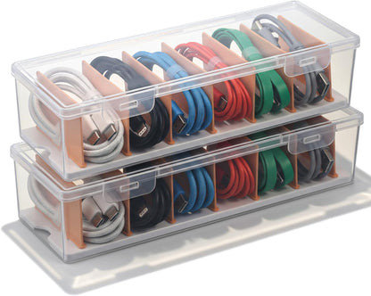 COMNICO 2 Pcs Cable Organizer Box with Lid, Clear Plastic Cord Storage Desk Organizers Desktop Cable Management Multifunctional Accessories for Home Drawer Office