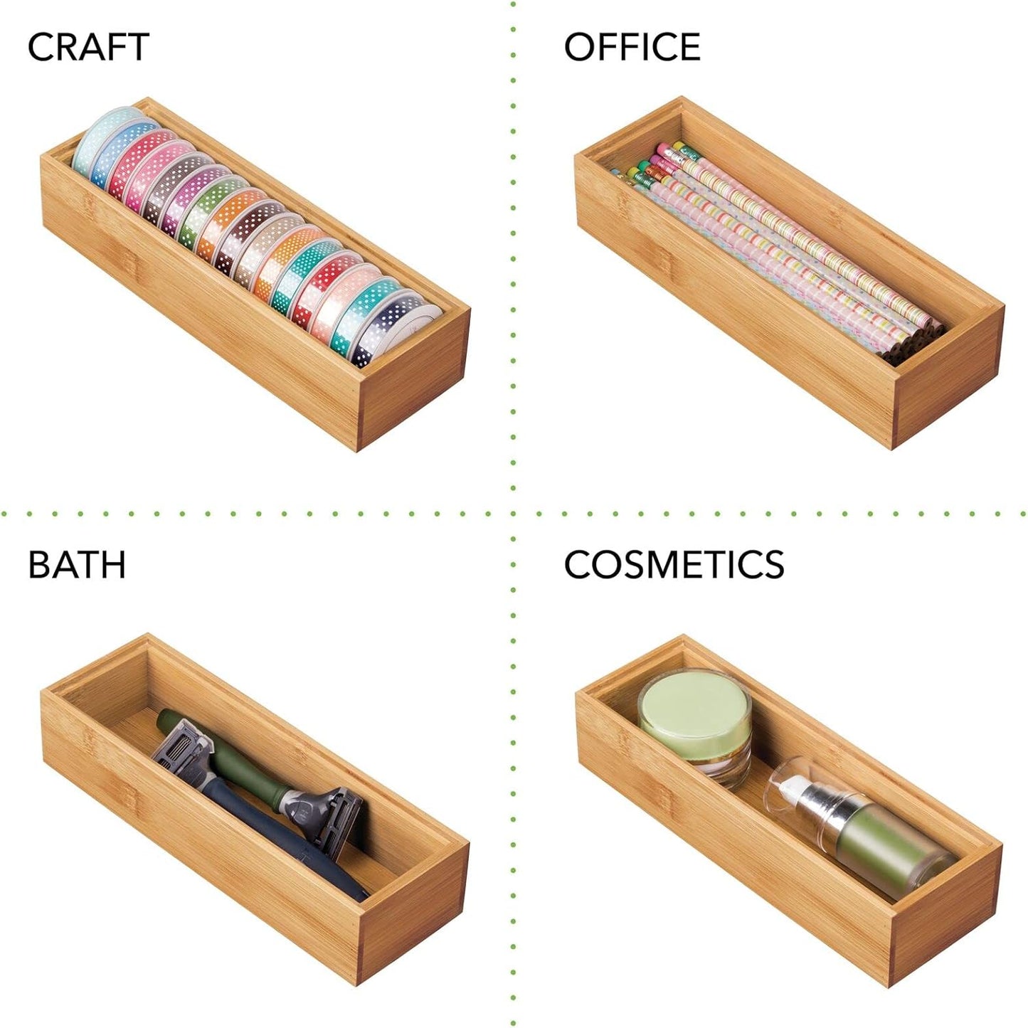 mDesign Slim Wooden Bamboo Drawer Organizer for Office - 12" Long Stackable Storage Box Tray for Desk Drawers/Cabinet - Junk Drawer and Accessories Organization - Echo Collection, 2 Pack, Natural Wood