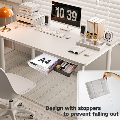 Self-adhesive Under Desk Drawer Organizer, 2 Pack Table Hidden Slide Out Large Storage Mounted Desktop Pencil Holder Tray Drawers for Office Home School Stationery Kitchen (Large, White)