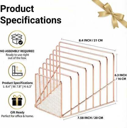 Simmer Stone Rose Gold Desk Organizer 7 Slot Inclined Vertical File Folder Holder Sorter with Mesh Front – Metal Wire Rack for Mail, Slim Binders, Books Office Organization & Desktop Accessories