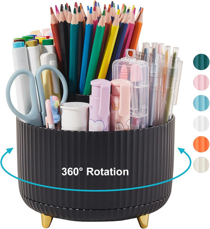 Desk Pencil Pen Holder, 5 Slots 360 Degree Rotating Pencil Pen Organizers for Desk Desktop Storage Stationery Supplies Organizer Cute Pen Cup for Office School Home Art Supply Cream Yellow