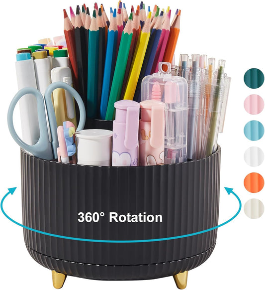 Desk Pencil Pen Holder, 5 Slots 360 Degree Rotating Pencil Pen Organizers for Desk Desktop Storage Stationery Supplies Organizer Cute Pen Cup for Office School Home Art Supply Cream Yellow