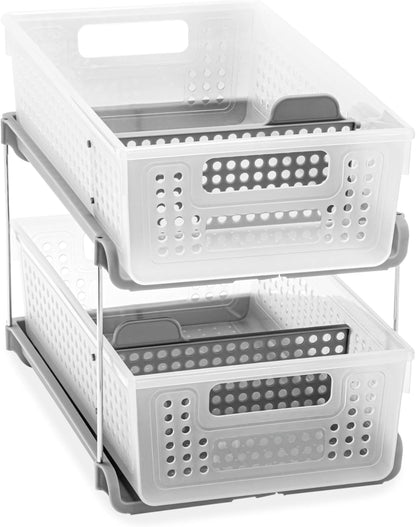 madesmart 2 Tier Bath Organizer, Undersink Storage with Sliding Drawers, for Cleaning Supplies, Pantry, Sponges, Bottles & Kitchen Essentials, Adjustable Dividers & Pull Out Sliding Baskets, Frost
