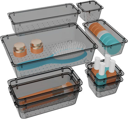 WOWBOX 32 PCS Clear Plastic Drawer Organizer Set, 4 Sizes Desk Drawer Organization and Storage Containers for Makeup, Cosmetics, Jewelry and Gadgets in Kitchen, Bathroom, Bedroom, Office, Clear Black