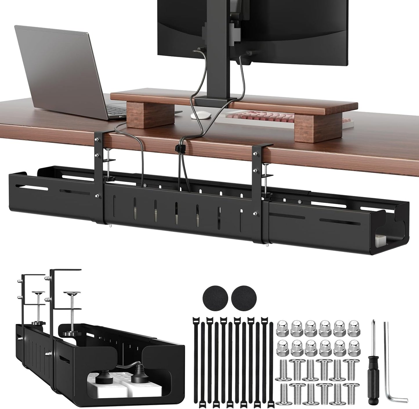 Under Desk Cable Management Tray, Expandable 25.2"–38.6" Heavy Duty Carbon Steel with Clamp, Hidden Cord Organizer for Desk, Home Office & Standing Desk, No Drill Installation, Black