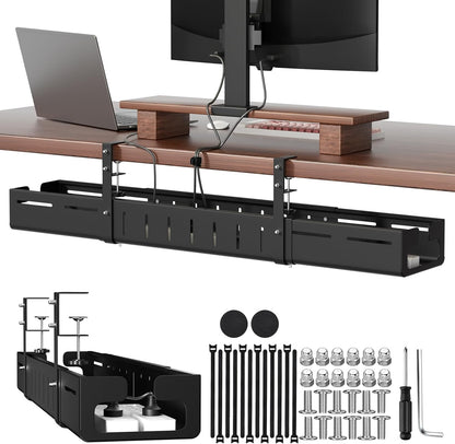 Under Desk Cable Management Tray, Expandable 25.2"–38.6" Heavy Duty Carbon Steel with Clamp, Hidden Cord Organizer for Desk, Home Office & Standing Desk, No Drill Installation, Black