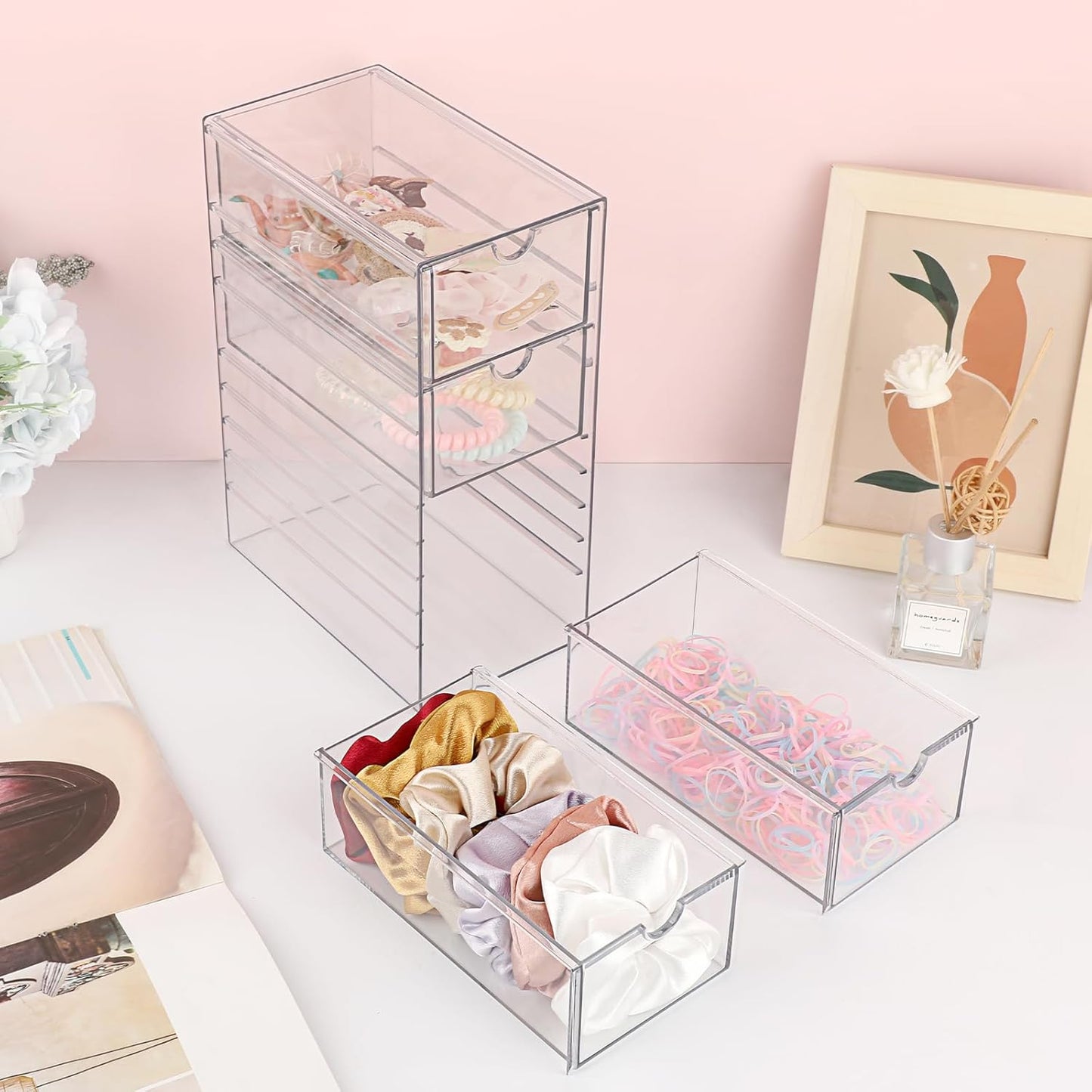 Hipiwe Plastic Drawer Organizer Clear Desktop Drawers Box with 6 Pull Out Drawer Compact Storage Box for Cabinet Vanity Bathroom Bedroom Pantry Shelf Office Closet Organization