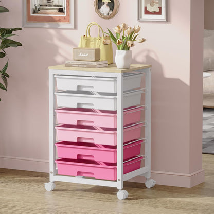 SYKIARIOL Rolling Storage Utility Cart with 6 Drawers and Wooden Tabletop for Under Desk Storage,White