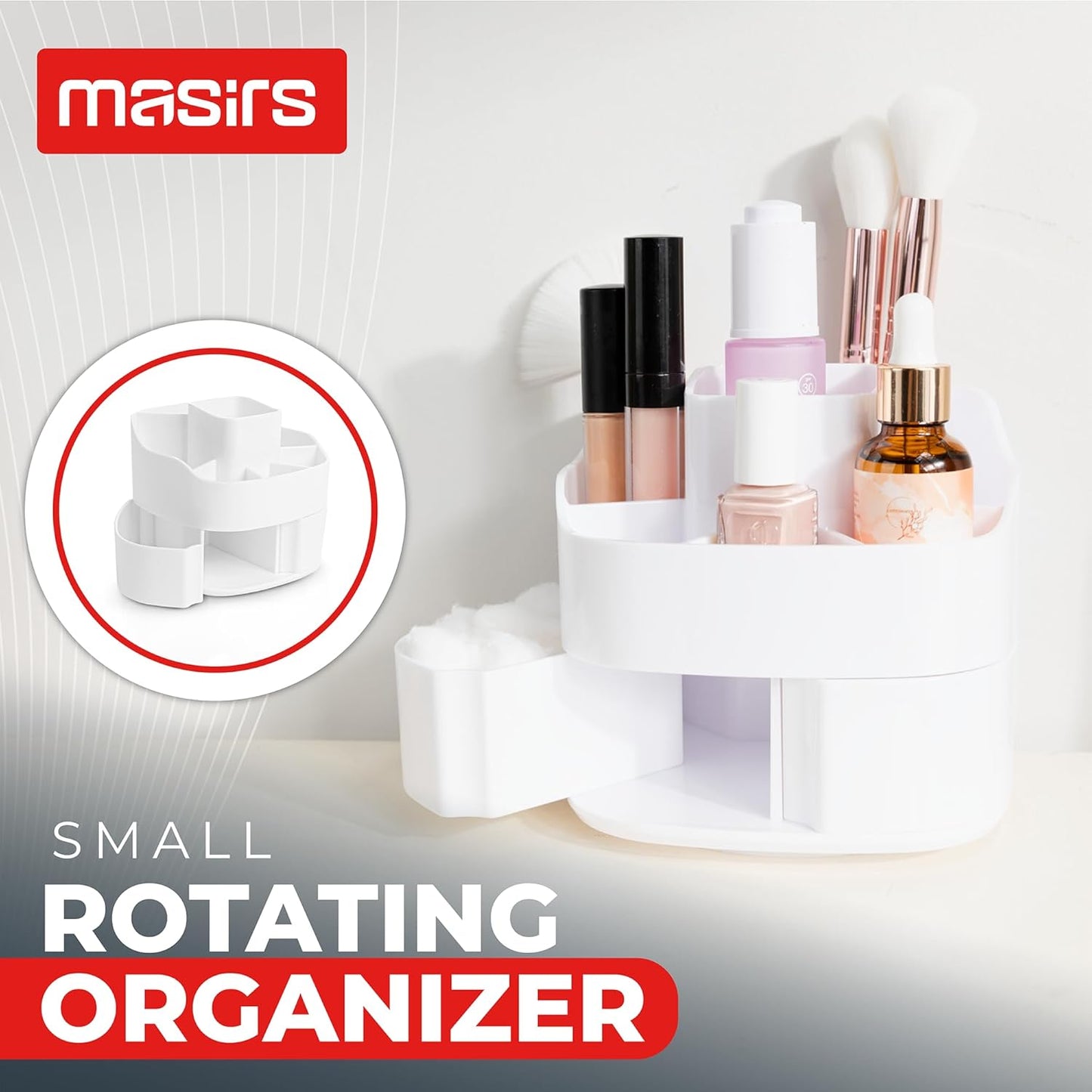 Masirs Small 360 Rotating Makeup Organizer - Mini Yet Spacious Cosmetic Storage Solution with Multiple Compartments - The Perfect Spinning Make-Up Caddy for Vanity or Bathroom Counter (Round - Clear)