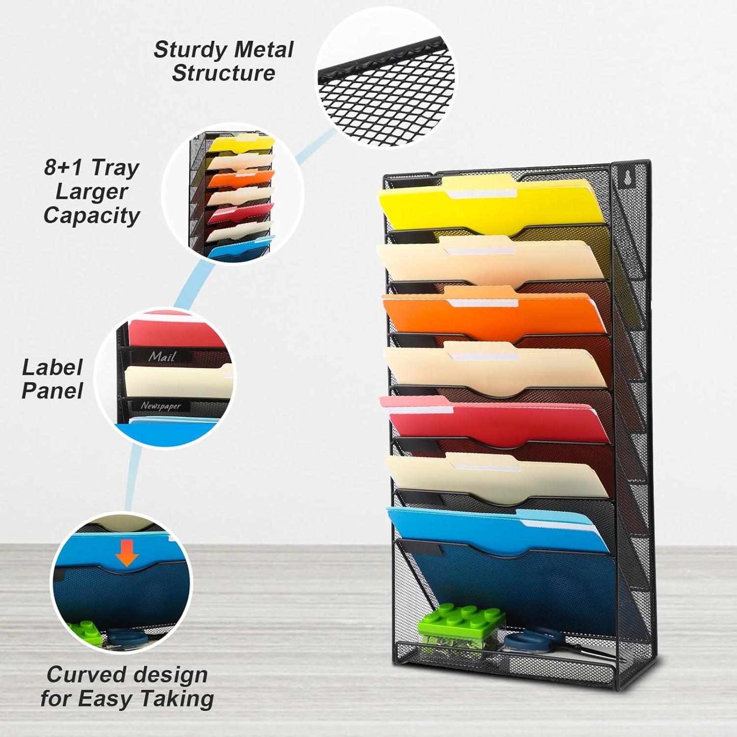 EASEPRES Desk File Organizer Mesh 6-Tier, Hanging Wall Mount Document Organization Stand, Desktop Vertical Mail Paper Folder Holder Rack with Bottom Tray for Office Home Cubicle Countertop, Black