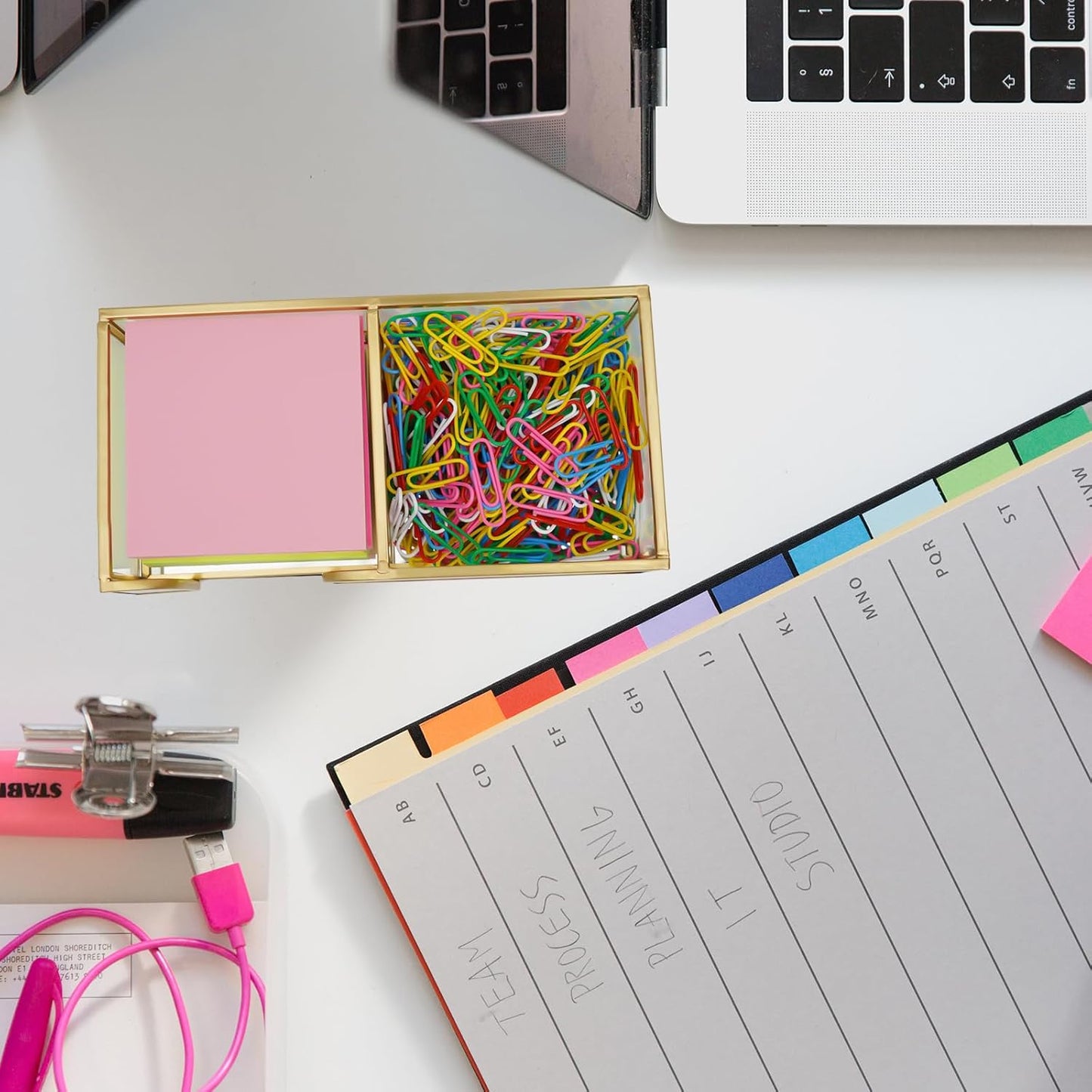 Sticky Note Holder,Glass Post It Note Dispenser with Pen Slot,Gold 3 x 3 Inch Post It Note Holder for Desk,Stylish Sticky Note Dispenser for Home Office Desk