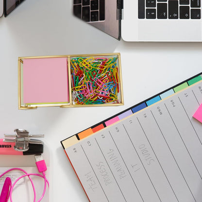 Sticky Note Holder,Glass Post It Note Dispenser with Pen Slot,Gold 3 x 3 Inch Post It Note Holder for Desk,Stylish Sticky Note Dispenser for Home Office Desk