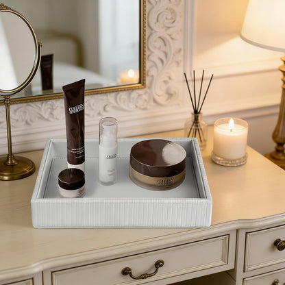 HofferRuffer Faux Leather Vanity Tray, Elegant Desktop Storage Organizer, Decorative Catchall for Perfume, Bathroom Valet, Nightstand or Dresser, Black, 10.2 x 8.4 x 1.8 Inches