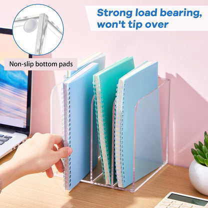 Suzile Clear Acrylic Magazine File Holder with Vertical Compartments Desk Organizer Book Rack for Desk Sorter Paper Folder Office Accessories(Clear,14.2 x 7.2 x 6.5 Inch)