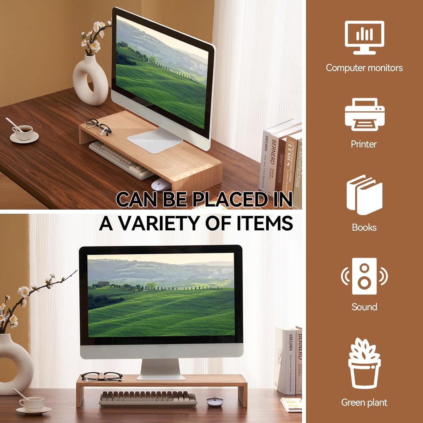 KIRIGEN Monitor Stand Wooden - Desk Stand Wood for Computer/Laptop/TV Printer - Monitor Arms & Stands Desk Riser for Office Desktop Workspace Organizers Platforms Stands (39,Dark Brown)