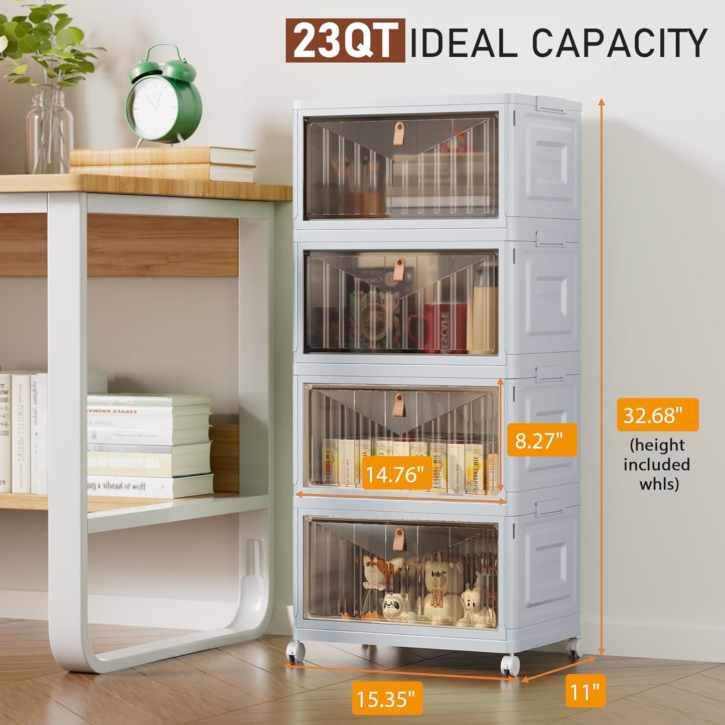 4 Tier Storage Bins with Lids, 23QT Stackable Closet Organizers and Storage with Wheels, Collapsible Storage Boxes, Foldable Plastic Storage Containers for Home,Office, Dorm Room-White