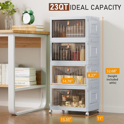 4 Tier Storage Bins with Lids, 23QT Stackable Closet Organizers and Storage with Wheels, Collapsible Storage Boxes, Foldable Plastic Storage Containers for Home,Office, Dorm Room-White