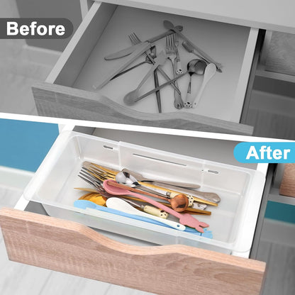 2 PCS Deep Drawer Organizer Bin Adjustable Sliding Drawer Organizers Clear Expandable Transparent Organizer Trays for Home Office Kitchen Makeup Storage Tools