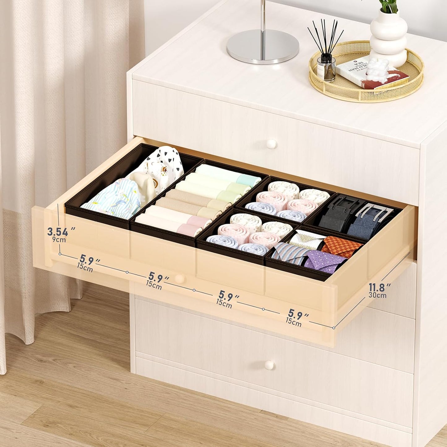 DIMJ Drawer Organizers Clothes, Dresser Organizer Bins for Baby Clothes,Underwear and Sock, Fabric Closet Organization and Storage Boxs, Drawer Dividers for Nursery, Clothing, Tie - 4 Pack, Beige
