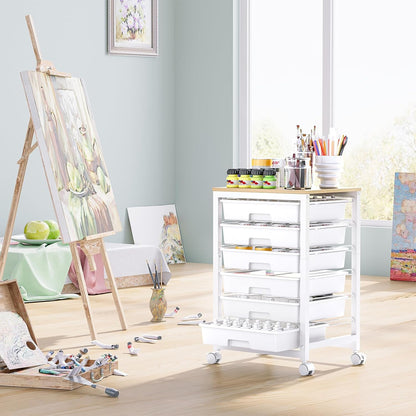 SYKIARIOL Rolling Storage Utility Cart with 6 Drawers and Wooden Tabletop for Under Desk Storage,White