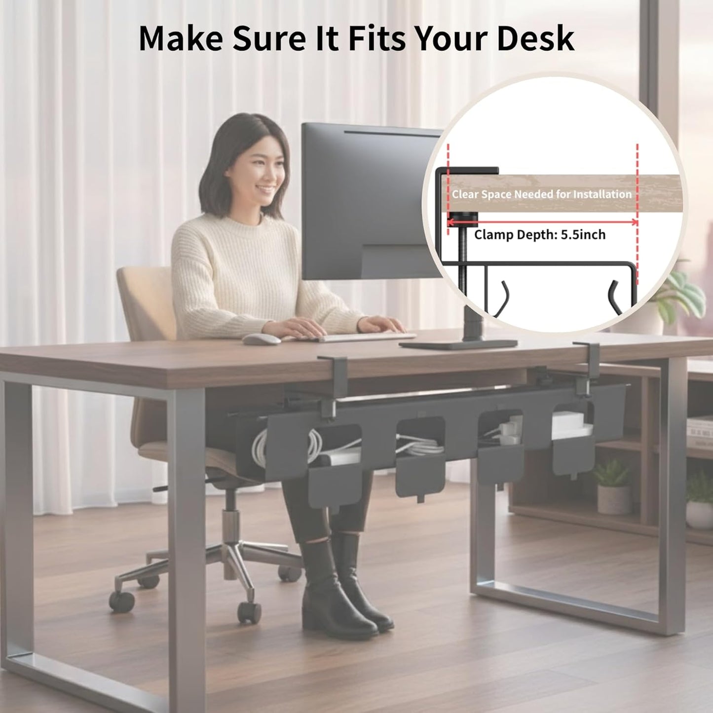 Under Desk Cable Management Tray, 36” Fabric No Drill Clamp Mount Cord Organizer for Desk, Heavy Duty Wire Management for Office Home, Black