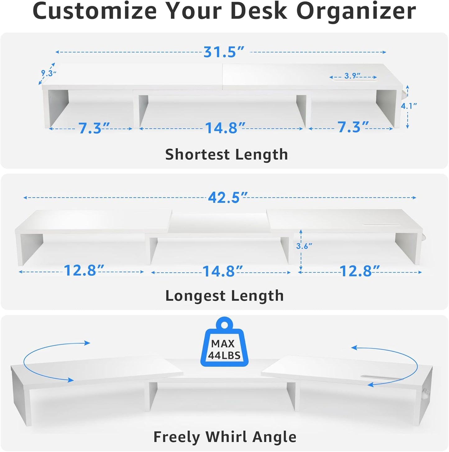 La Jaco Dual Monitor Stand Riser for 2 Monitors, Monitor Stand for Desk, Adjustable Length & Swivel Angle Wooden Desktop Organizer Stand Riser with Smartphone Holder for PC Monitor Laptop, White