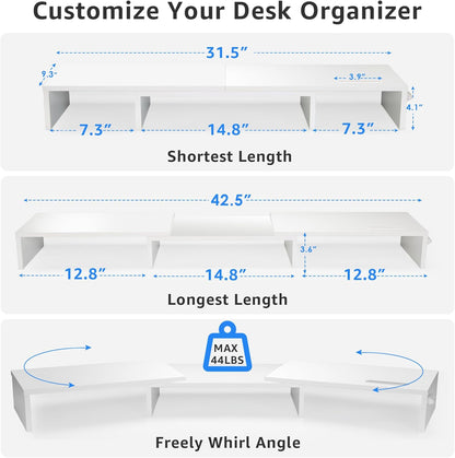 La Jaco Dual Monitor Stand Riser for 2 Monitors, Monitor Stand for Desk, Adjustable Length & Swivel Angle Wooden Desktop Organizer Stand Riser with Smartphone Holder for PC Monitor Laptop, White
