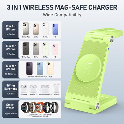 Magnetic Wireless Charger Stand, 3 in 1 Foldable Wireless Charging Station with 20W Adapter, Travel Charger for Multiple Devices for iPhone 17 16 15 14 13 12 Pro/Max/Plus/Mini, iWatch, AirPods
