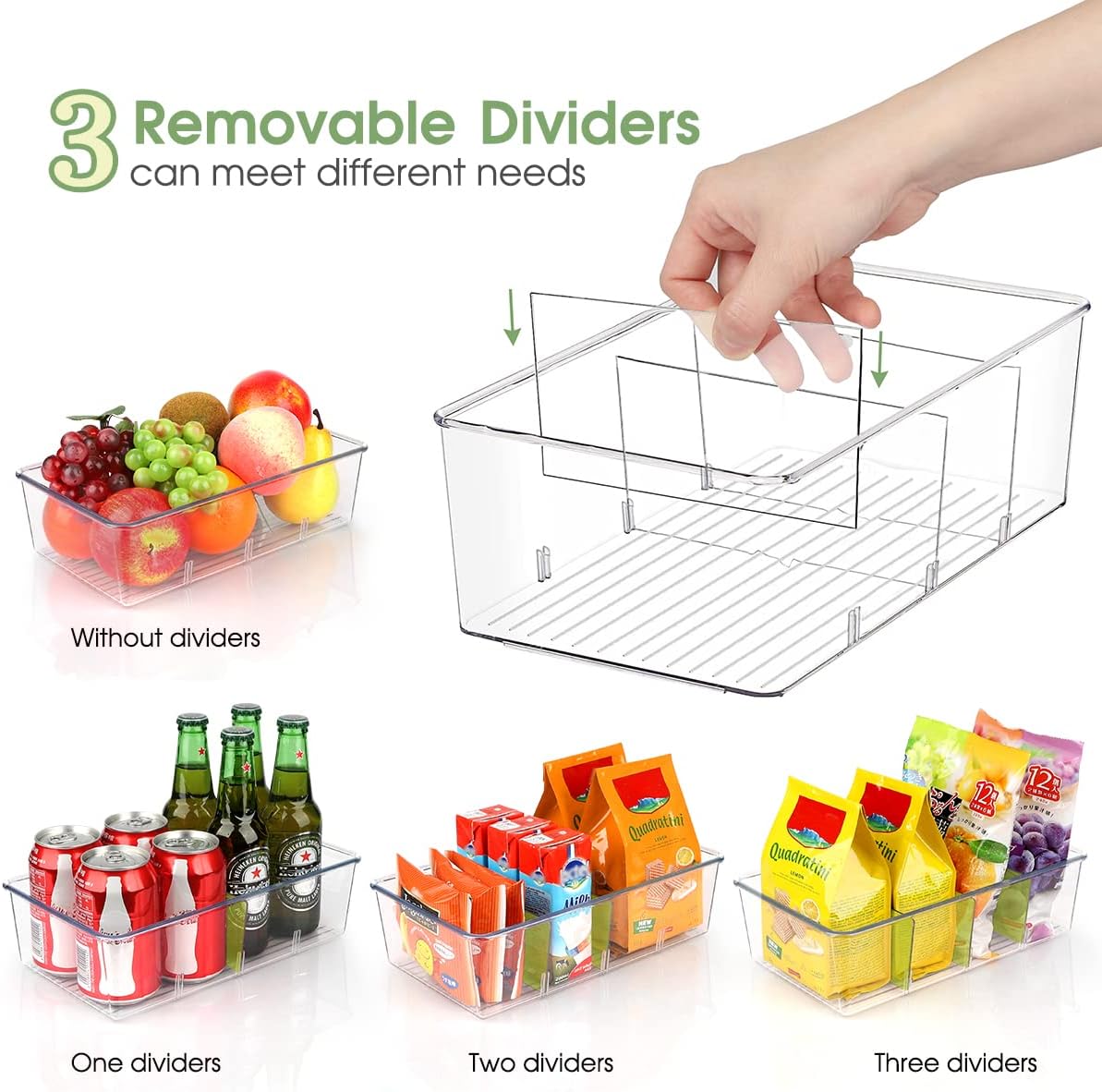 ZIZOTI Snack Organizer for Pantry Shelf, 6 Pack Clear Plastic Pantry Storage Bins with 3 Dividers for Snacks, Spices, Chips Food Organizer, Stackable Pantry Organizers for Kitchen, Fridge, Cabinet