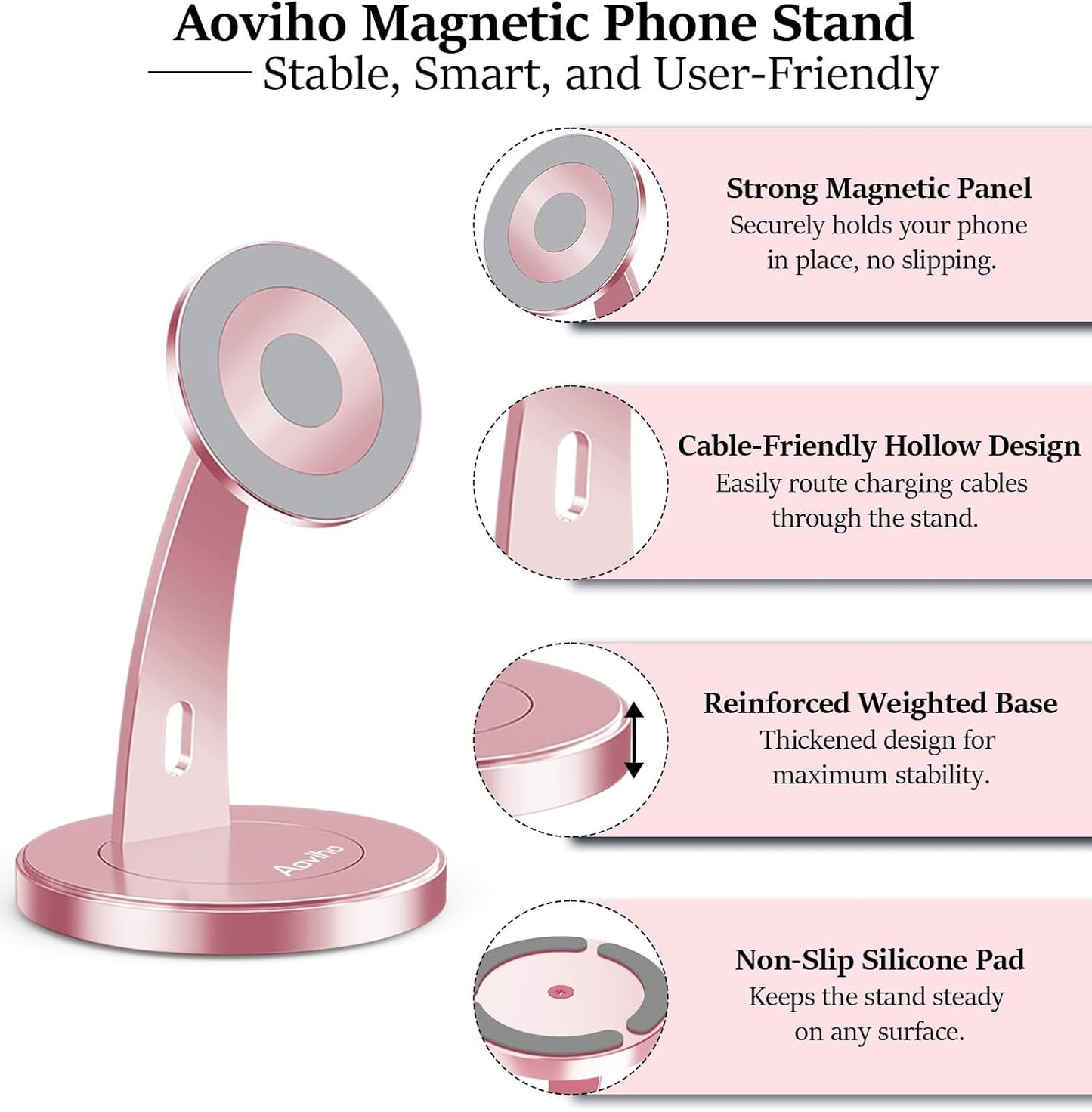 Aoviho Magnetic Phone Stand for Desk – 360° Rotating Aluminum Phone Holder, Stable Desk Stand for Office, Home & Kitchen, Compatible with iPhone 17 Pro Max 16–12 Series and MagSafe Cases, Purple