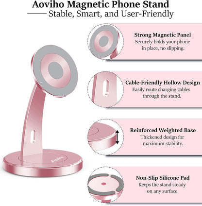 Aoviho Magnetic Phone Stand for Desk – 360° Rotating Aluminum Phone Holder, Stable Desk Stand for Office, Home & Kitchen, Compatible with iPhone 17 Pro Max 16–12 Series and MagSafe Cases, Purple