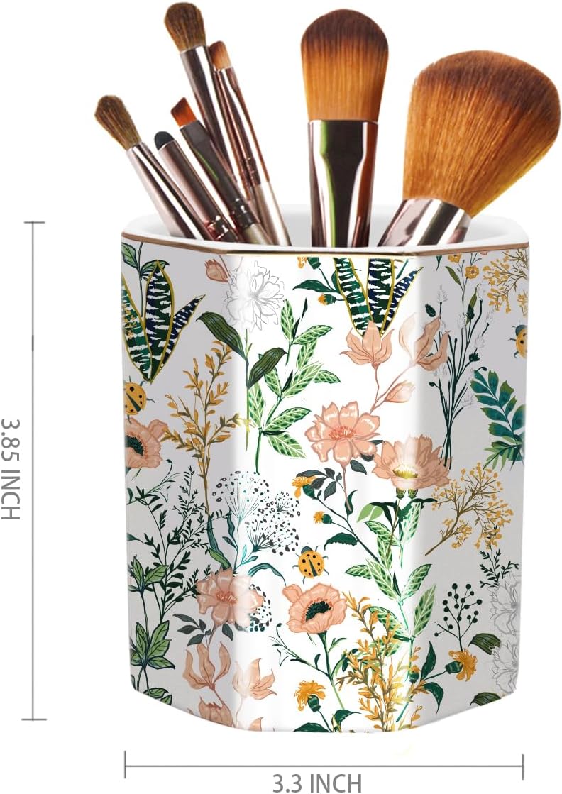 WAVEYU Ceramic Pen Holder for Desk Cute, Pencil Cup Pot Desk Organizer, Makeup Brush Holder for Women, Men, Kids, Desk Marble Decor for Office, Classroom, Home, Gray Golden