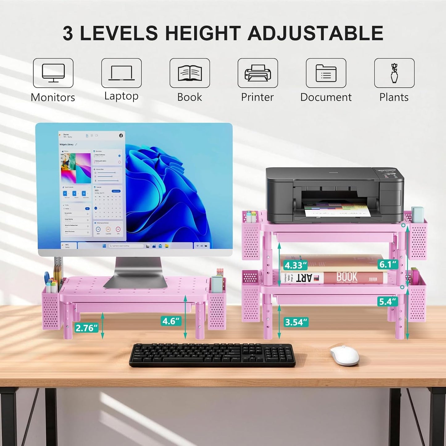 WALI Computer Monitor Stand with Storage, Desk Monitor Riser 3 Height Adjustable, Laptop Riser with Airflow Vents, Desk Organizer for Computer, Laptop, Printer (PTT002-B), 1 Pack, Black