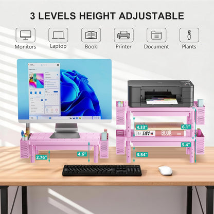 WALI Computer Monitor Stand with Storage, Desk Monitor Riser 3 Height Adjustable, Laptop Riser with Airflow Vents, Desk Organizer for Computer, Laptop, Printer (PTT002-B), 1 Pack, Black