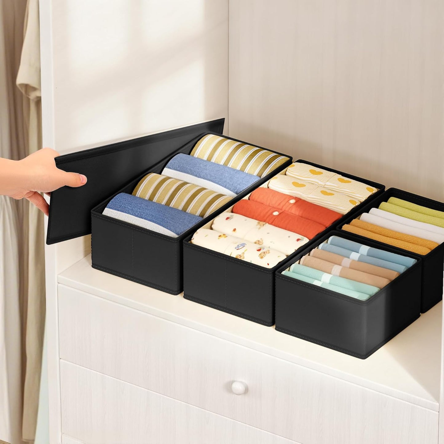 DIMJ Drawer Organizers Clothes, Dresser Organizer Bins for Baby Clothes,Underwear and Sock, Fabric Closet Organization and Storage Boxs, Drawer Dividers for Nursery, Clothing, Tie - 4 Pack, Beige
