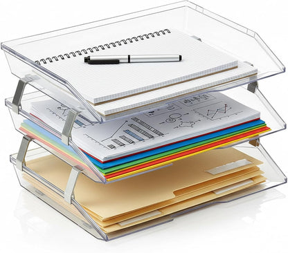 Acrimet 3 Tier Paper Letter Tray Side Load Letter Size, Office Desk File Document Organizer Plastic (Clear Crystal Color)