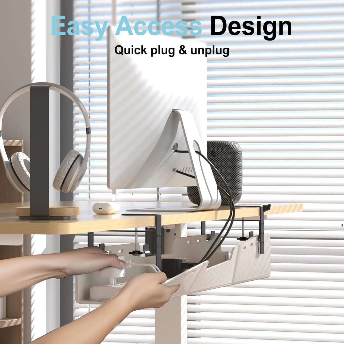 Under Desk Cable Management Tray,No-Drill Upgraded Thickened Felt Cord Organizer with Clamp or Screw Mount,Cable Holder for Standing Desk,Home Or Office(Beige, 31.5")