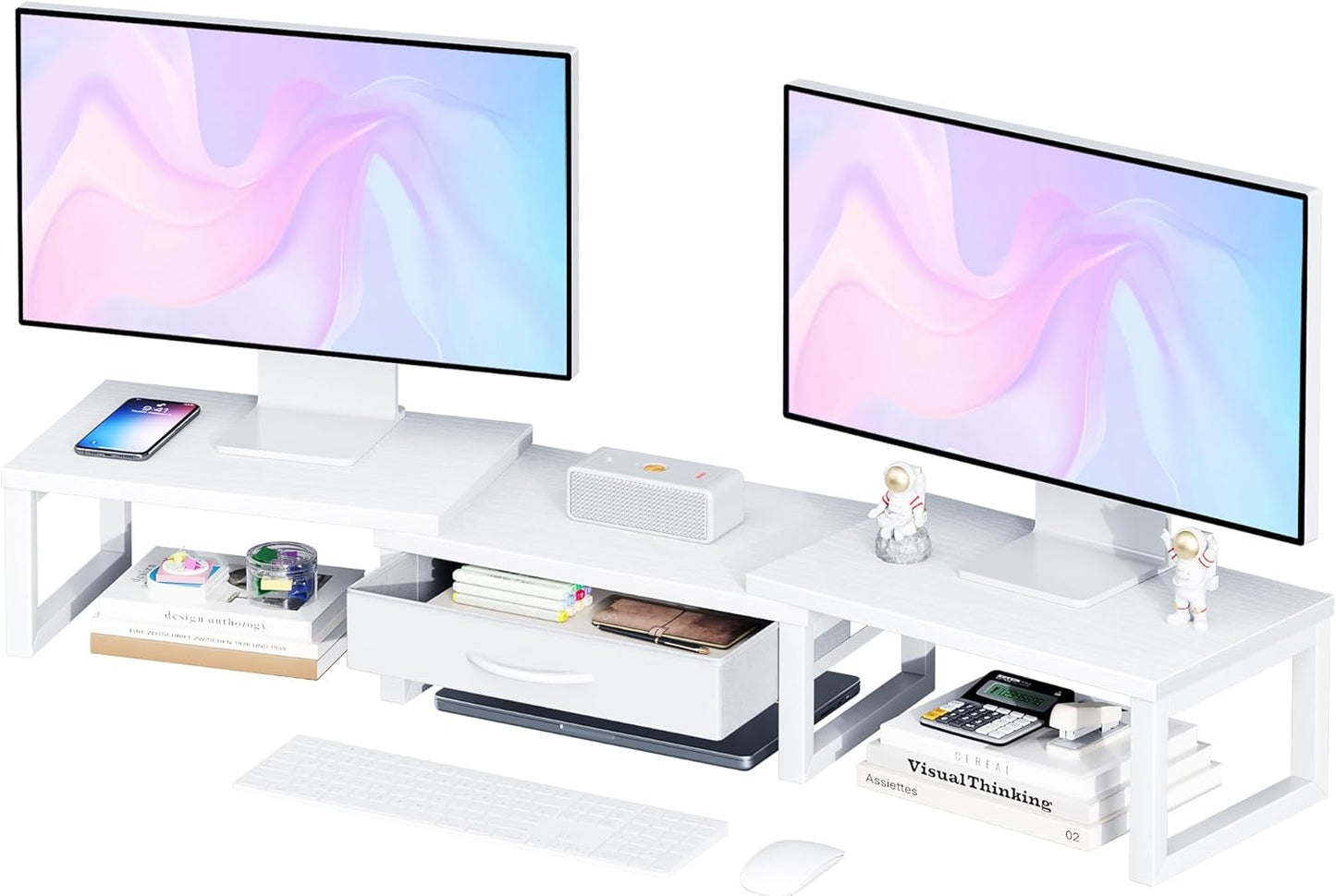 Dual Monitor Stand Riser, Desk Organizers and Accessories with Drawer, Computer Monitor Stands for Desk, Adjustable Desktop Shelf for PC Laptop Printer TV, Black