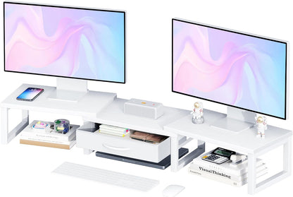 Dual Monitor Stand Riser, Desk Organizers and Accessories with Drawer, Computer Monitor Stands for Desk, Adjustable Desktop Shelf for PC Laptop Printer TV, Black